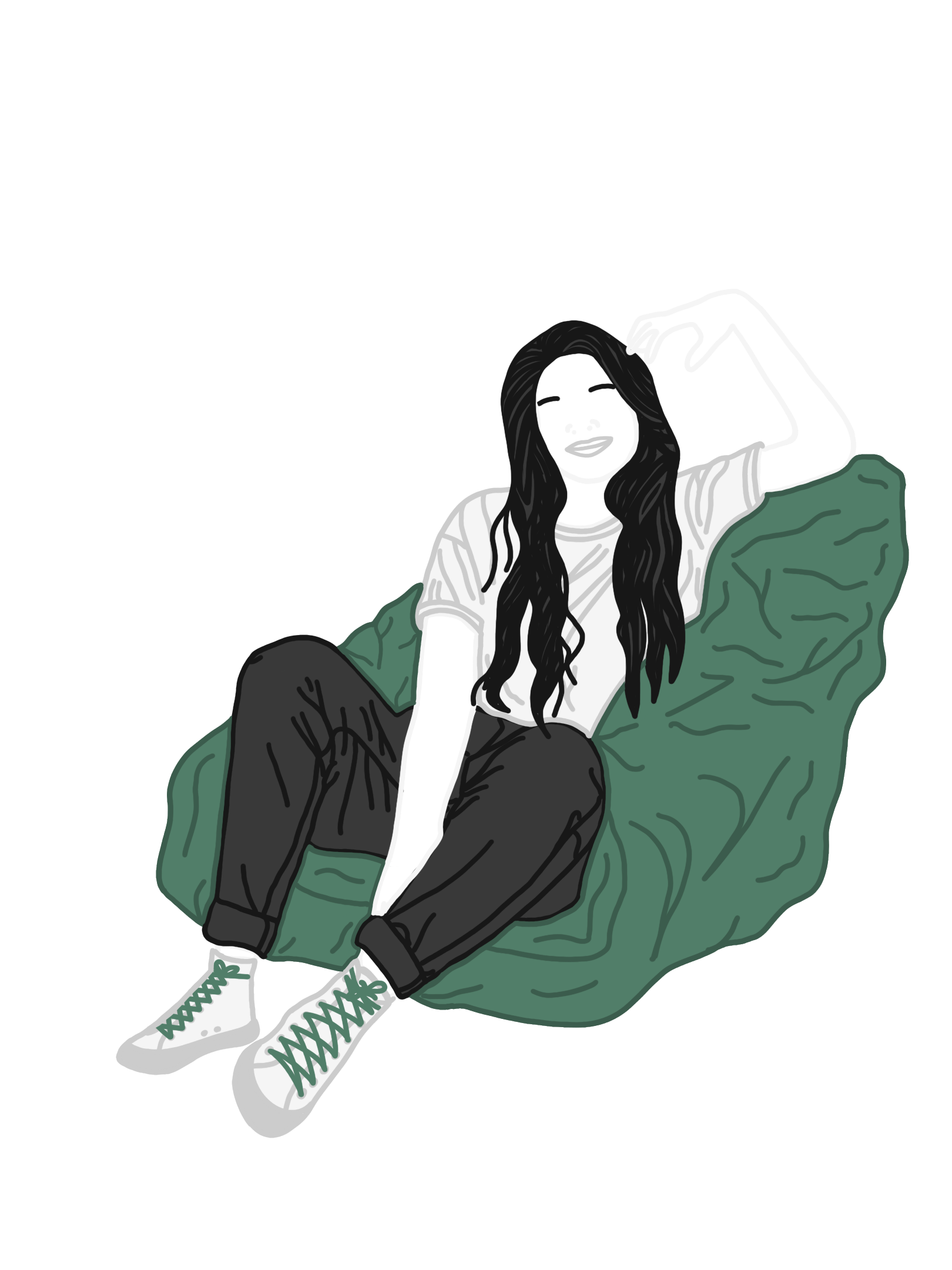 cartoonish drawing of Nicole sitting in a bean bag chair